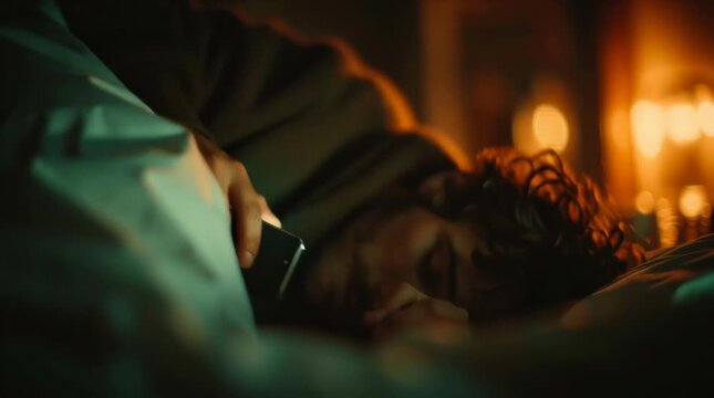 man looking at phone in bed