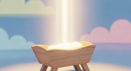 Empty manger with divine light on blue sky with clouds background. Christmas concept.
