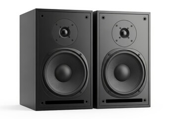 Fototapeta premium Two modern passive bookshelf audio speakers stand side by side against a white background