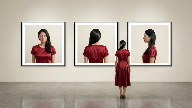 A woman in a red dress stands in an art gallery before portraits of herself from every angle, A symbol of self-awareness or vanity. Introspection.