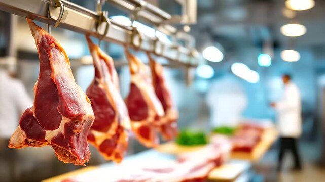 Industrial meat processing, sterile processing plant, freshly cut carcasses, beef hanging overhead, racks prepared distribution, commercial food facility, quality control emphasis,