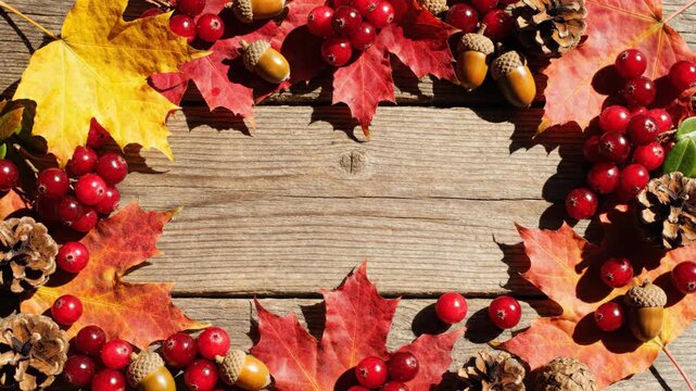 Autumn Frame with Cranberries and Maple Leaves Fall Harvest Border 4K