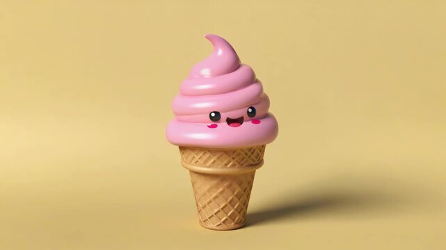 Pink strawberry soft serve ice cream cone character with happy face melting completely on yellow background.