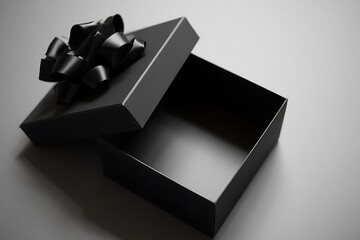 Elegant open black gift box with satin ribbon bow, perfect for luxury surprise or mystery concept