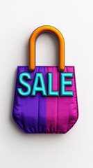 SALE sign shopping bag with soft shadow, vivid color, gradient purple pink, isolated on white background, cheerful promotion