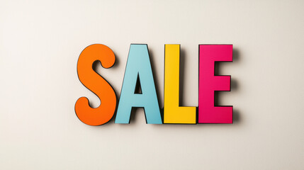 SALE colorful letters bold cheerful sign, bright orange blue yellow pink cutout on wall, modern retail promotion