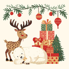 Fototapeta premium Charming hand drawn christmas greeting card illustration with festive elements