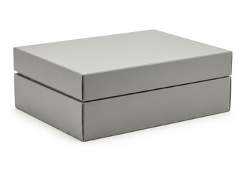 Fototapeta premium Rectangular gray packaging container with a lift-off lid rests on a white background.