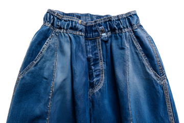Close up of blue denim jeans with elastic waistband isolated on transparent background