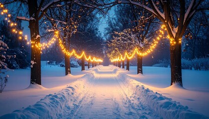 Snowy pathway illuminated by string lights