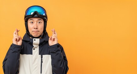 Young Asian man wearing a ski helmet and goggles, crossing his fingers with a hopeful expression, standing against a vibrant orange studio background.