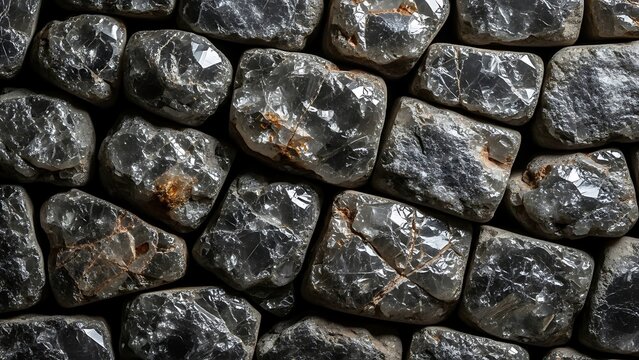 Close-up of rough, dark, and shiny natural stones creating an intricate textured surface, ideal for geological backgrounds, abstract patterns, or organic material themes - Powered by Adobe