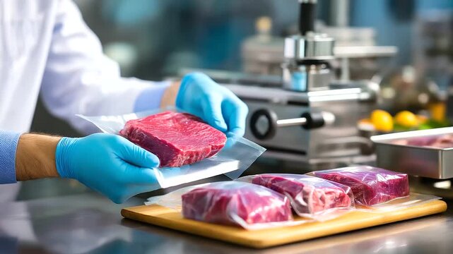 Raw beef vacuum-sealed, worker wearing gloves, meat processing facility, packaging operation scene, food preservation method, industrial production work, quality control emphasis,