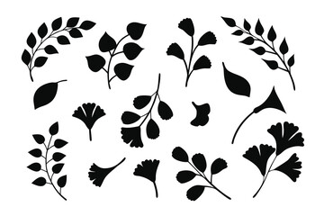 Collection of black botanical leaf silhouettes on white background silhouette