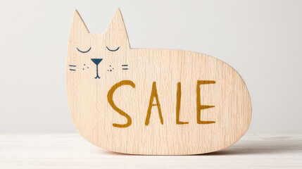 Wooden cat shaped sign with engraved SALE text, smooth curves, light wood, minimal style, cheerful, decorative accent