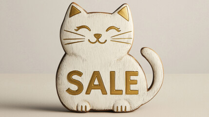 Wooden cat shaped sign with engraved SALE text, smooth curves, playful expression, white and gold color, decorative accent