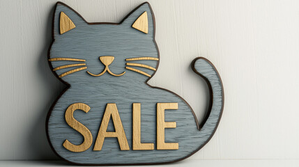 Wooden cat shaped sign with SALE text, smooth curves, engraved details, playful and inviting for retail or shop display