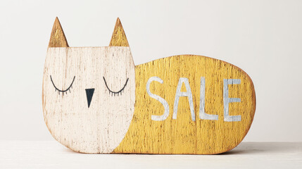 Wooden cat shaped sign with smooth curves, engraved SALE text, rustic style, cheerful, yellow and white color