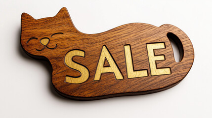 Wooden cat shaped sign with engraved SALE text, smooth curves, playful and inviting for retail or shop display