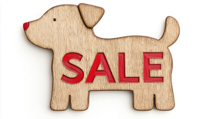 Wooden puppy sign with natural grain, playful shape, red SALE text, cheerful, pet themed, isolated on white background