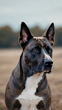 Portrait of a strong brindle and white dog looking directly at camera in a natural field.