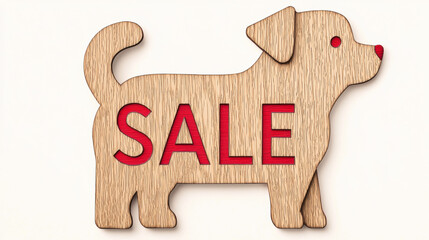 Wooden puppy sign with SALE text, playful design, natural grain, red accent, cheerful, pet shop decor, animal theme