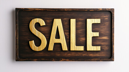 Wooden sign with smooth curves engraved SALE text painted in gold on dark brown background, rustic and inviting for retail promotion
