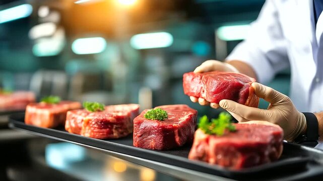 Meat processing worker, inspecting quality steaks, raw beef display, production line factory, quality control activity, food safety emphasis, industrial facility work, faceless ins