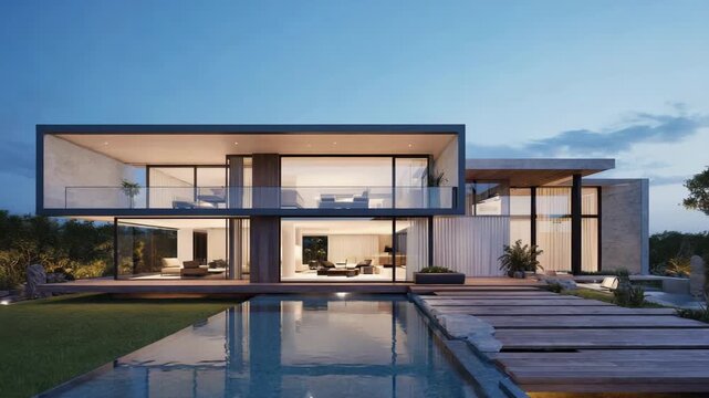 Two story luxury residence with floor to ceiling windows and wooden deck surrounding a calm pool.