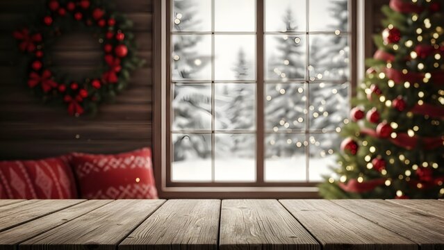 Cozy winter scene with decorated christmas tree and snowy landscape through window - Powered by Adobe