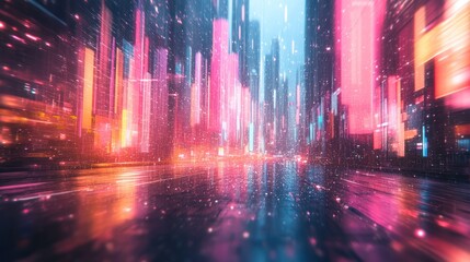 Obraz premium Futuristic City Street Scene - Neon Lights, Motion Blur