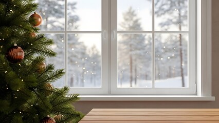 Cozy winter scene with a decorated christmas tree and snowy landscape outside window