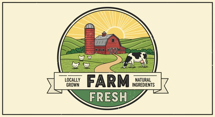 Farm fresh logo with a rural landscape and animals on a green field