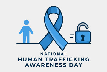 Illustration for National Human Trafficking Awareness Day featuring a blue ribbon, a person icon, and an open padlock symbol on a light background.