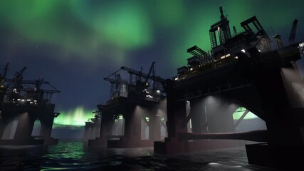 Drilling rig extracting petrol from deep sea reserves underneath shimmering aurora borealis at night. Maritime energy production facility operating in international waters under green northern lights - Powered by Adobe