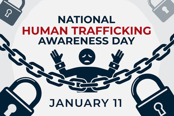 National Human Trafficking Awareness Day banner with chains, padlocks, and a silhouette of a person in distress.
