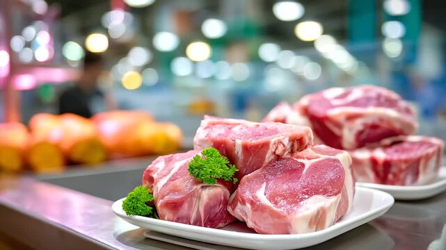 Fresh pork display, meat plant environment, industrial food facility, processing operation scene, commercial meat production, quality control emphasis, temperature-controlled setti