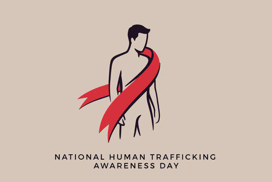 A minimalist illustration for National Human Trafficking Awareness Day, featuring a shirtless male figure with a red ribbon.