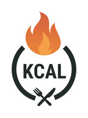 Kcal flame icon vector, stylized calorie symbol with fire and cutlery — stock vector