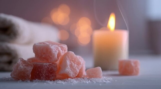 Relaxing Spa Scene with Large Chunks of Himalayan Pink Salt and a Flickering Candle in Soft Light