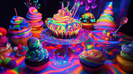 Neon Dessert: A vibrant array of neon-colored cupcakes, each a miniature masterpiece of psychedelic frosting, tantalizing the eye with their playful allure.