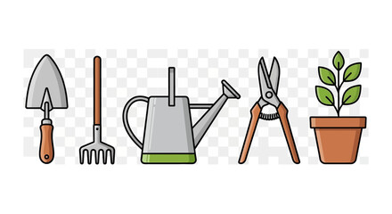 Gardening tools and plant on transparent background for design