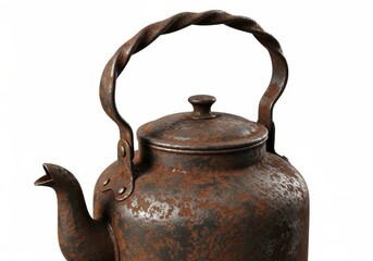 Heavily corroded metal kettle with twisted handle isolated on white background