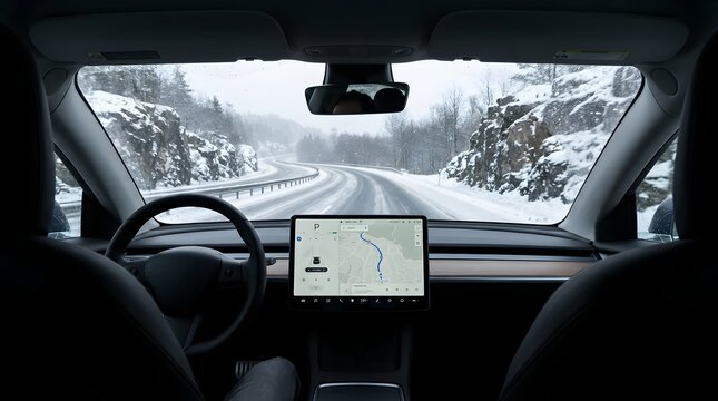 Driving a Tesla through a Snowy Forest Road.