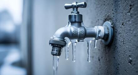 Frozen outdoor water tap with dripping water during cold winter weather.