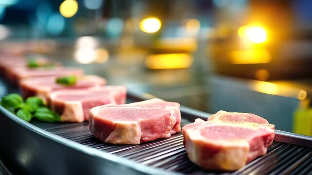 Closeup pork cuts, moving conveyor belt, meat processing facility, daylight operations scene, industrial food production, automated transport system, quality monitoring activity, d