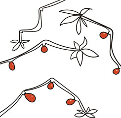 The background is in the form of several branches with leaves at the ends and fruits.