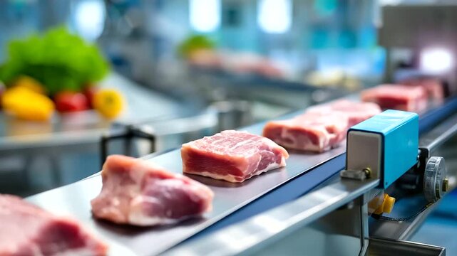 Closeup pork cuts, moving conveyor belt, meat processing facility, daylight operations scene, industrial food production, automated transport system, quality monitoring activity, d