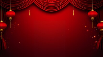 Red curtain and lanterns framing a festive and celebratory background