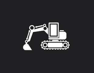 White silhouette icon of a construction excavator machine on a solid black background.